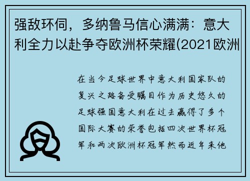 强敌环伺，多纳鲁马信心满满：意大利全力以赴争夺欧洲杯荣耀(2021欧洲杯意大利队多纳鲁马)