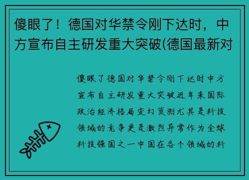 傻眼了！德国对华禁令刚下达时，中方宣布自主研发重大突破(德国最新对华政策)