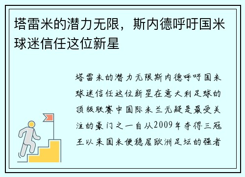 塔雷米的潜力无限，斯内德呼吁国米球迷信任这位新星