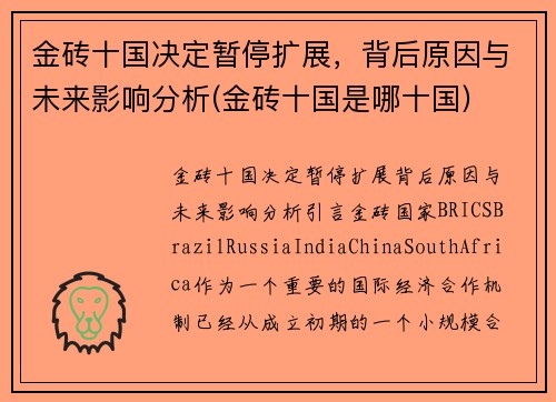 金砖十国决定暂停扩展，背后原因与未来影响分析(金砖十国是哪十国)