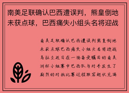 南美足联确认巴西遭误判，熊皇倒地未获点球，巴西痛失小组头名将迎战乌拉圭