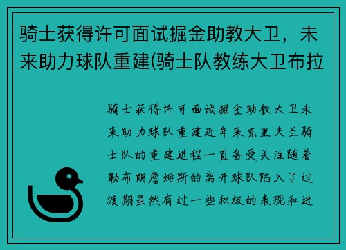 骑士获得许可面试掘金助教大卫，未来助力球队重建(骑士队教练大卫布拉切)